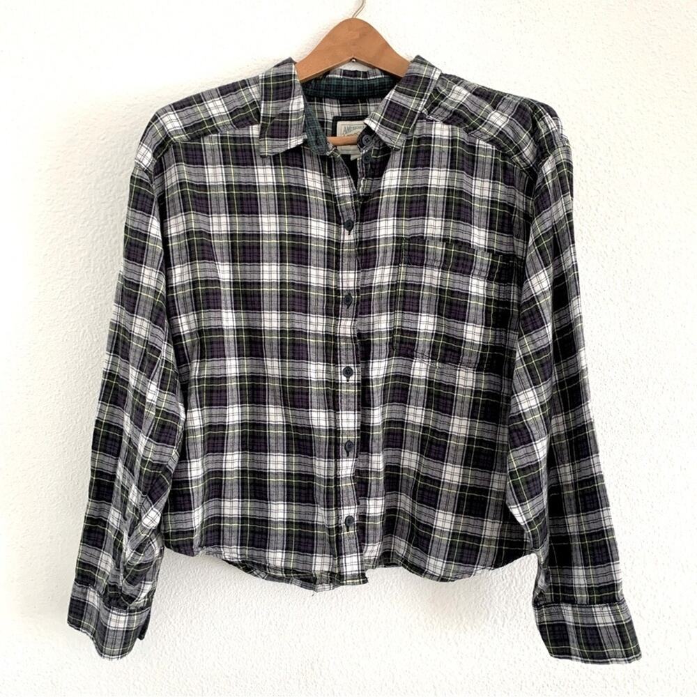 American Eagle Cotton Plaid Cropped Button Down Shirt